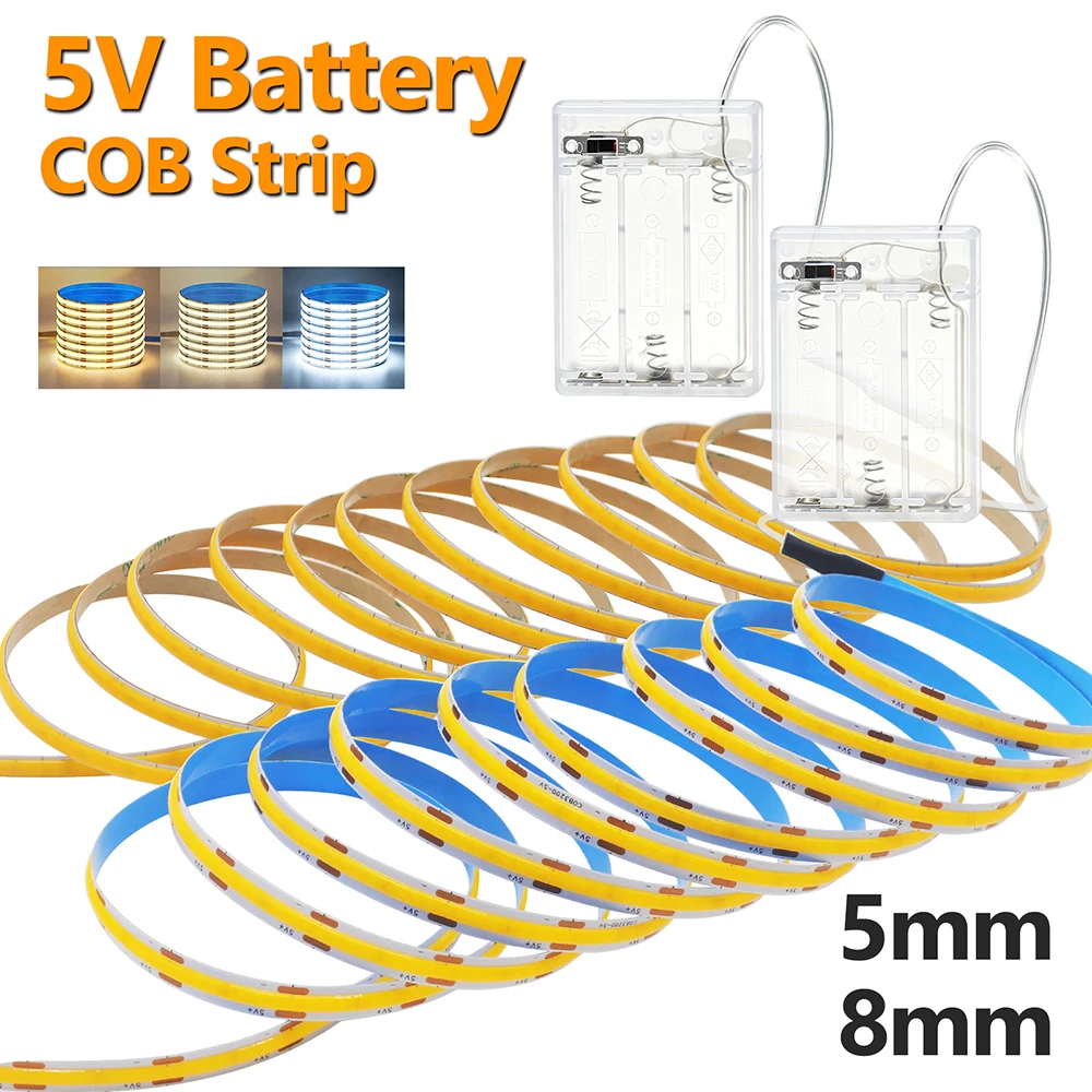DIY Battery Power COB LED Strip Light for Night 5V 320LEDs/m Flex Tape with Switch Under Cabinet Nursery Bedroom Closet Lighting