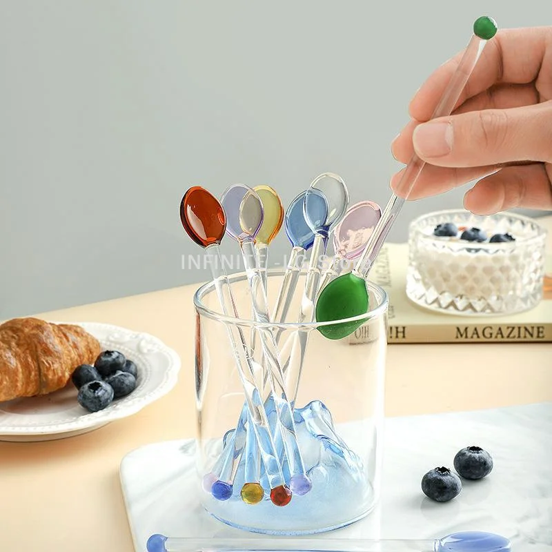 Colorful Transparent Long Handle Heat Resistant Glass Stirring Spoons For Coffee Tea Dessert MixingINFINITE -LG
