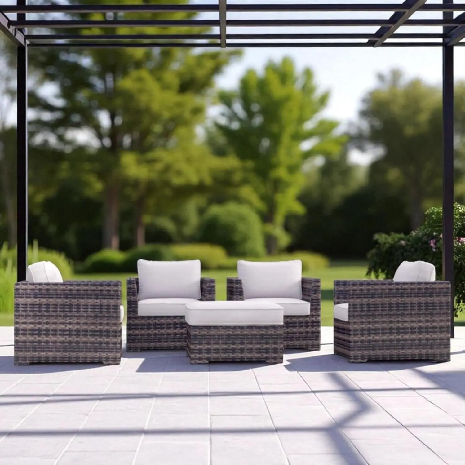 5-Piece Rattan Outdoor Set 4 Armchairs & Ottoman Removable Cushions Metal Frame Poolside Patio Backyard, Customized