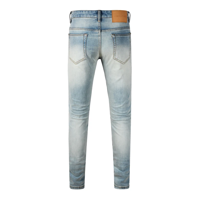 Men Light Blue Vintage Washed Ripped Splash Ink Stretch Slim Skinny Jeans Streetwear Hip Hop Denim Jeans