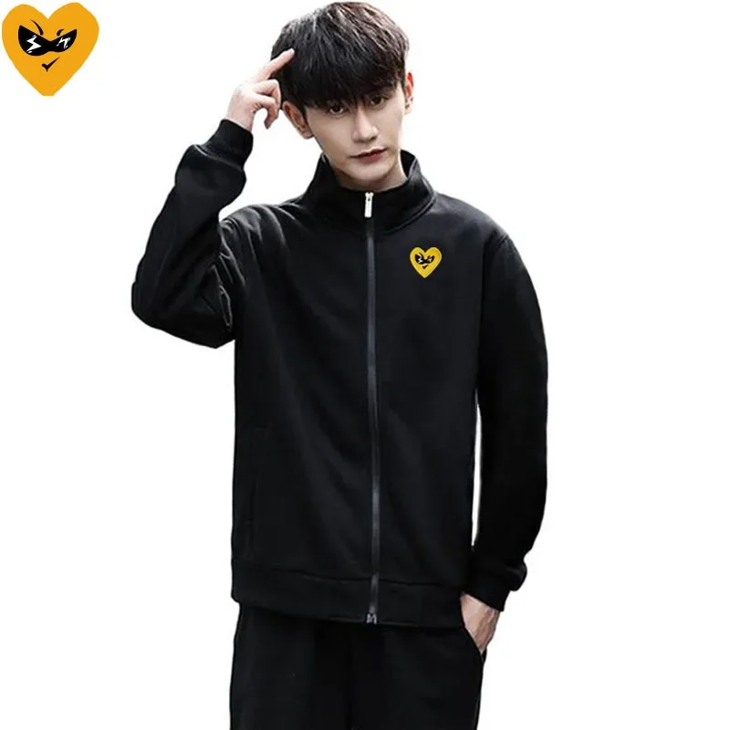 Break Egg Men Jacket Cool Cute Glasses Heart Embroidery Cotton Lapel Zipper Pocket Fleece Fit Casual Autumn Hoodie