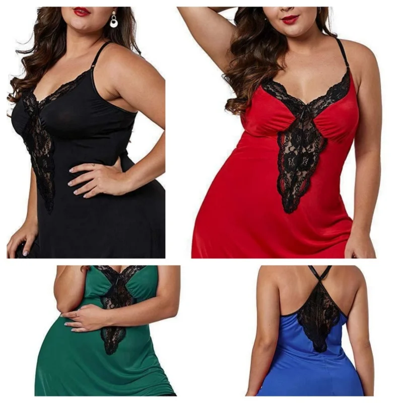 Ladies Summer Plus Size Pajamas Loose Sleeveless Suspenders Sexy Solid Women Night Dress With V-Neck Lace  Elastic Home Clothing