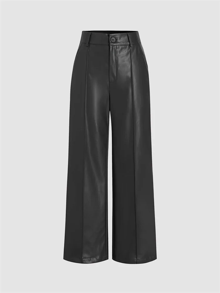 Women High Waist Matte Leather Straight Pants Casual Loose Trousers With Pocket Vintage Burgundy PU Pants Party Cutstom Clubwear