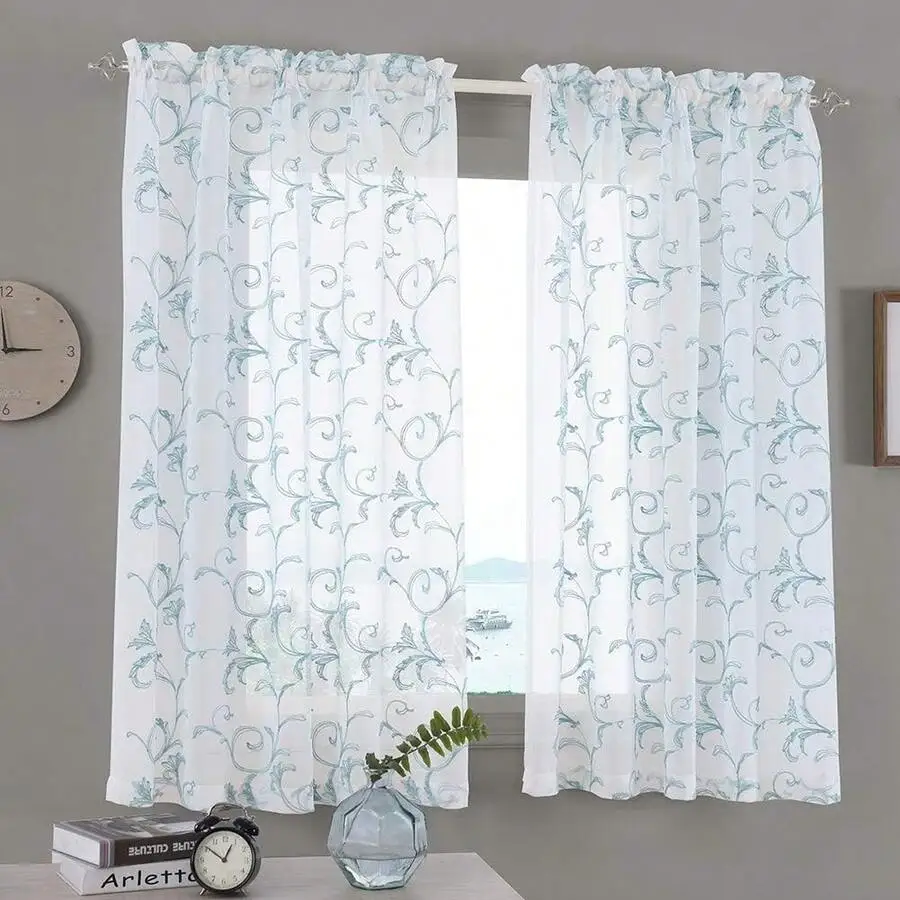 Floral Embroidered Sheer Voile Curtains Rod Pocket 52x84 Inches Semi Crinkle Living Room Bedroom Decor
