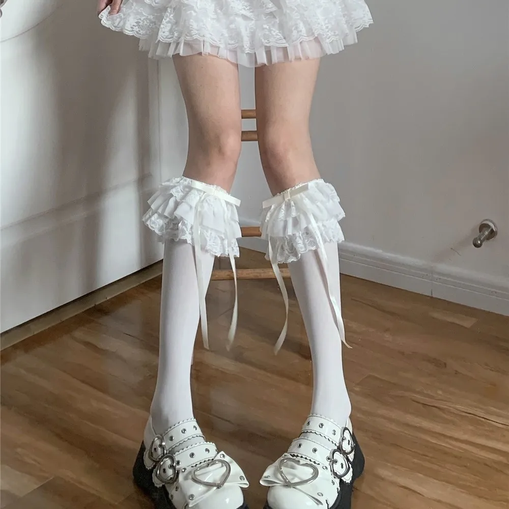 Vrouw Leuke Zwart Wit Kant Lolita vrouwen boog Sexy Fluwelen Kalf Sokken Cosplay Anime Ruffle JK Kalf Sokken