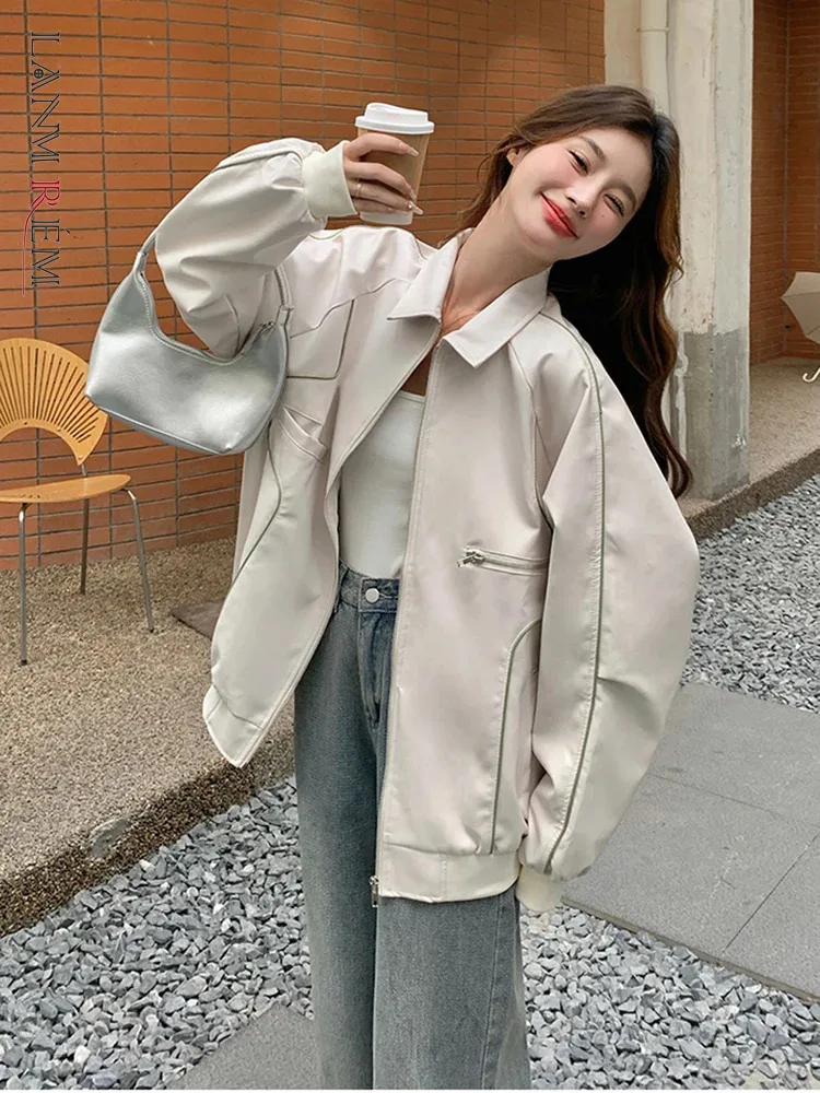 

LANMREM Casual Leather Jacket Women's Lapel Long Sleeves Zipper Design Minimalism Coat 2024 Female Autumn New Clothing 2Z2532