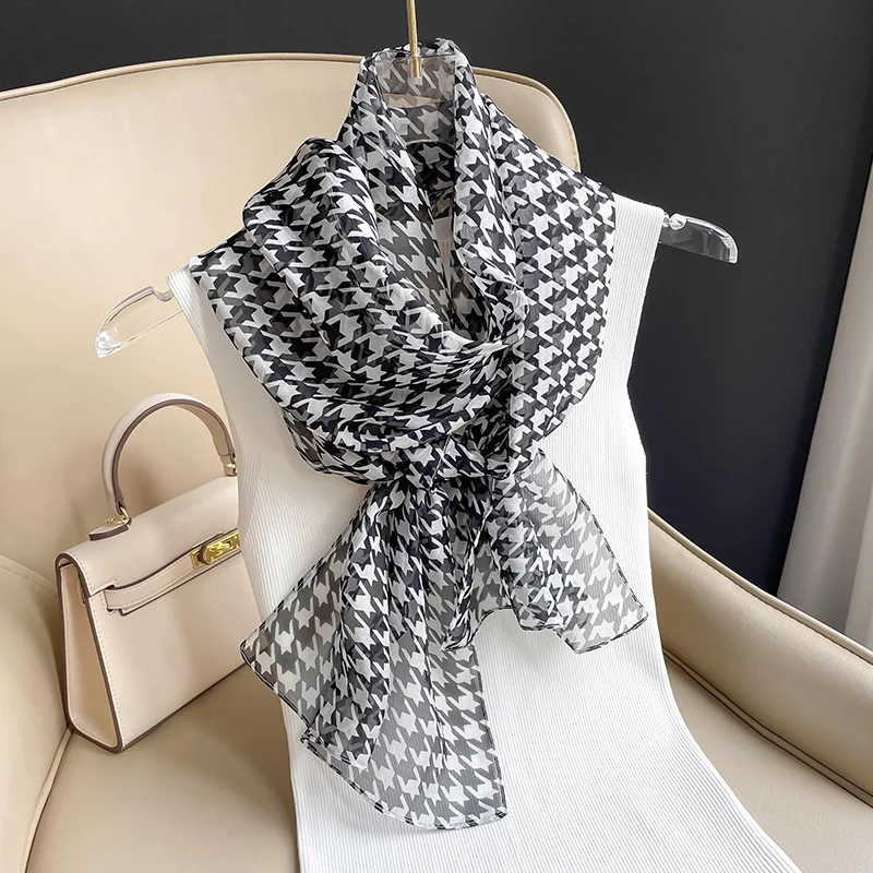 silk-scarf-thin-rectangle-women's-new-2026-summer-black-white-plaid-gentleman's-checkered-high-end-feeling-neck-warmer
