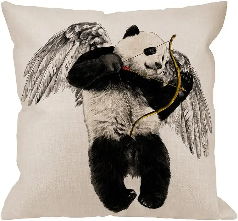 Linen outdoor decoration throw pillow panda angel with wing pillowcase indoor square cushion cover home sofa