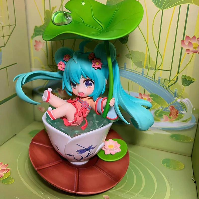 Bandai hatsune miku lotus teich spielen q version kawaii mini action figur modell puppe spielzeug kind geburtstags geschenk sammel verzierung