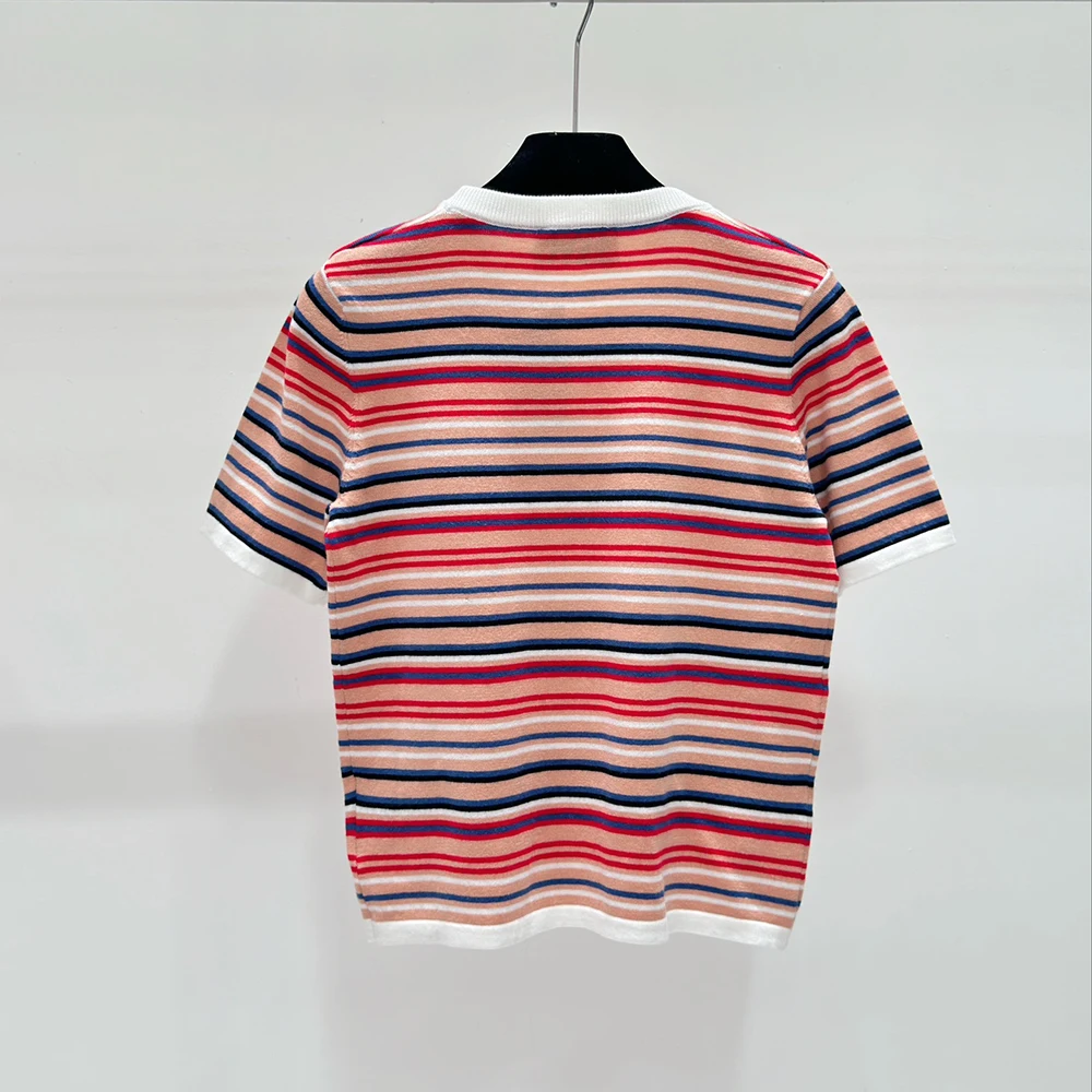 Women's Retro Striped Color Clash Luxury Brand T-shirt Fashion Round Neck Famous Letter Embroidery Design Original Knitted Tops