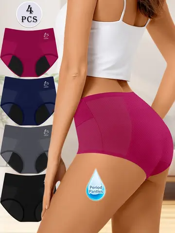 4pcs Solid Breathable Elastic Briefs, Simple Anti Leak Period Intimate Panties, Women's Lingerie & Underwear