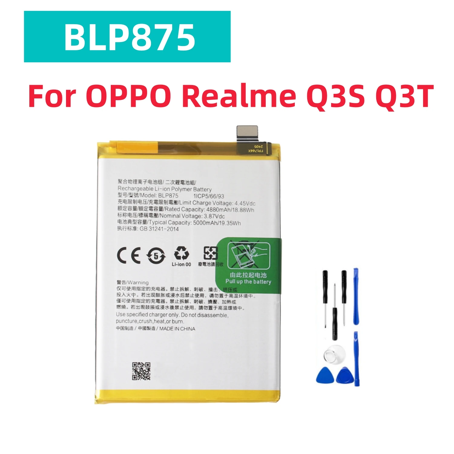 BLP875 5000mAh Replacement Battery For OPPO Realme Q3S Q3T Mobile Phone Batteries + Free Tools