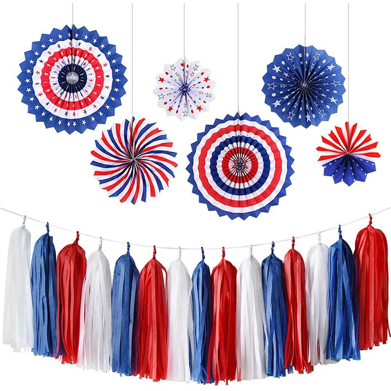 

Blue Red White US Patriotic Decorations Paper Fans Red White Blue Tassel Garland for American Themed Party Patriotic Party Decor