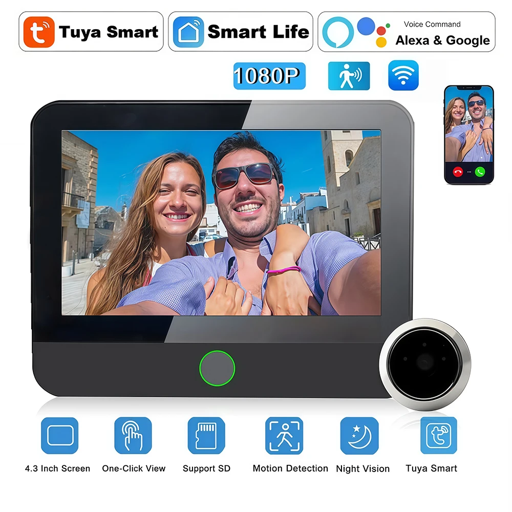 4.3 Inch WiFi Door Peephole Camera 1080P Smart Life Tuya Video Camera Door Viewer Home Security Works with Alexa Google