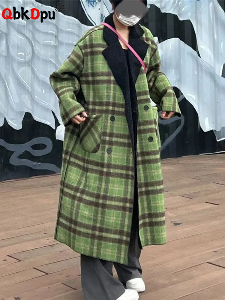 Vintage Warm Mid Length Plaid Woolen Coat Thick Loose Women Korean Green Double Wear Overcoat Winter New Fashion Parkas Jackets