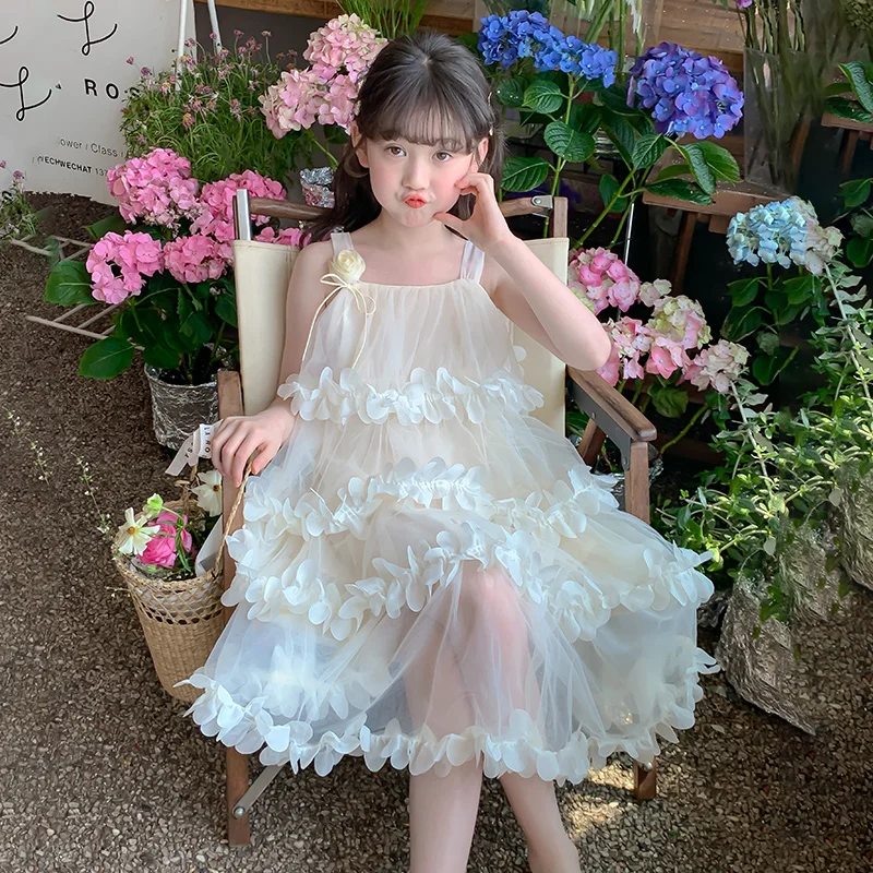 2025 Summer Multi Layer Petal Strap Dress for Girls Sleeveless Princess Dress Children's Festival Secret Dance Skirt Cake Skirt