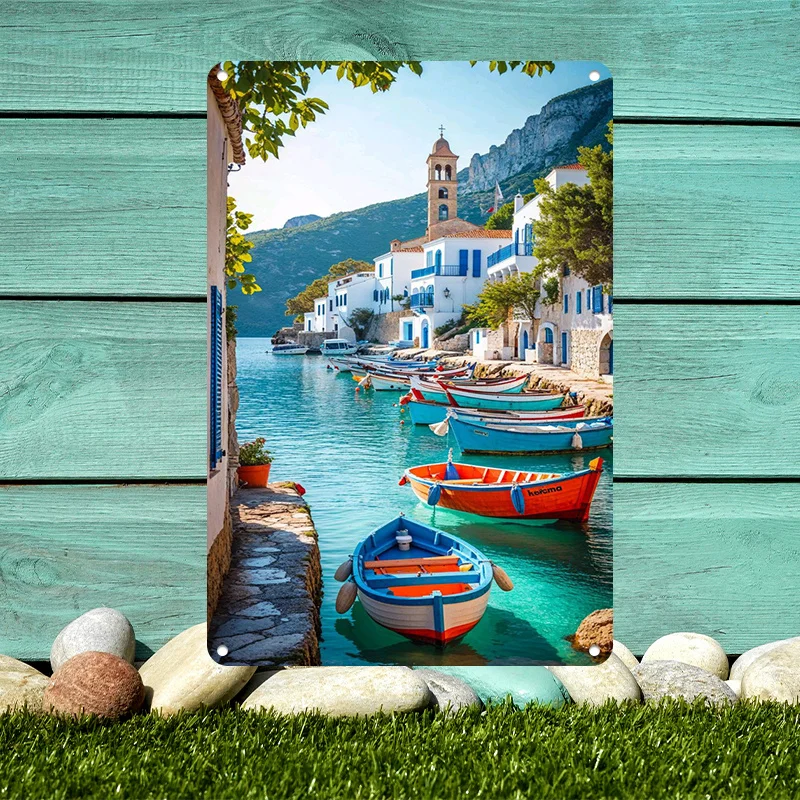 2D Flat - 2D Plane - 2D Plane, 8.0X12.0 Inch Mediterranean Coastal Scenery Sign, Retro Ships And White Building Metal Wall Decor