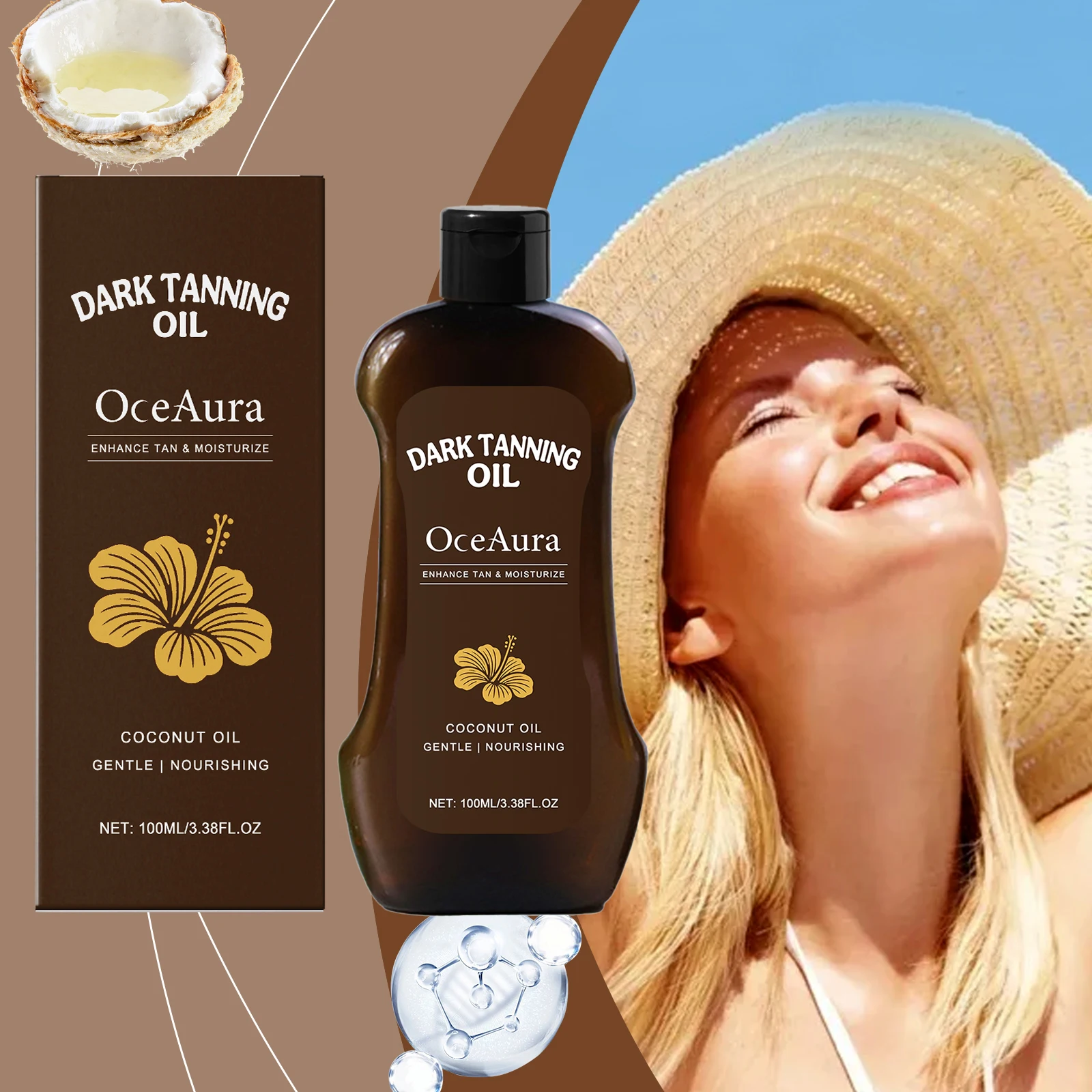 Aceite bronceador oscuro OceAura, autobronceador de coco para potenciador de bronceado corporal, aceite bronceador solar, piel hidratante, aceite bronceador fuerte