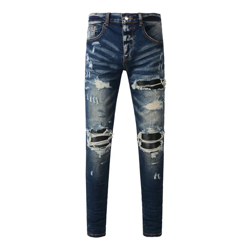High Street Fashion Y2KNew Men's Jeans Wrinkle Wash Nostalgic Perforation Black Leather Patch Blue Jeans Hip Hop Brand Splicing
