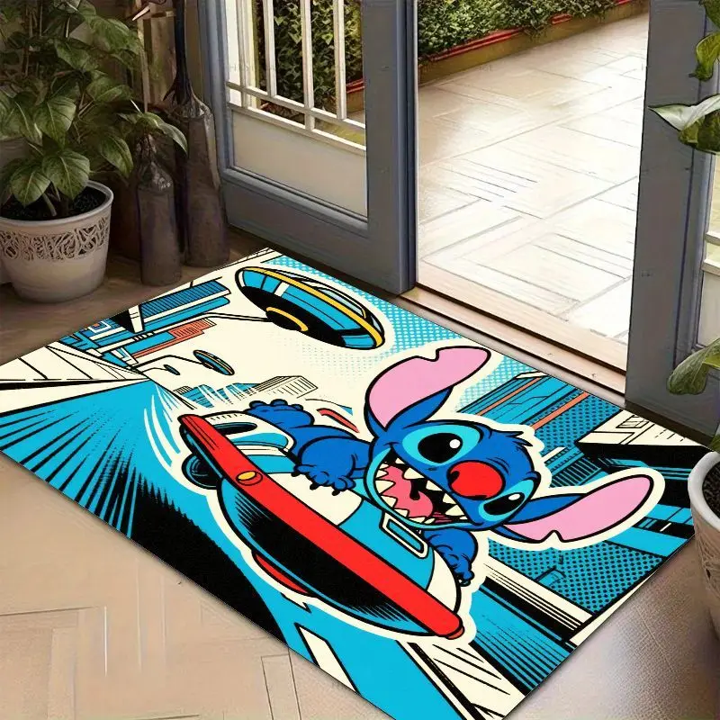 1PC Disney Lilo & Stitch Anime Cartoon Character Floor Mat, Dynamic Sci-Fi Stitch on Hoverboard Area Rug, Non-Slip Entrance Door