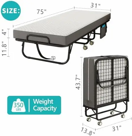 Folding Bed with Mattress for Adults, 75