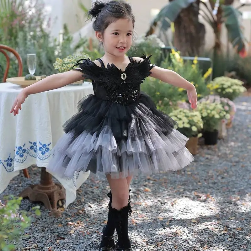 Schwarzes Gothic-Tutu-Kleid für Mädchen mit Flügel-Dekor, Pailletten, ärmellos, Ombre-Layer-Tüll, für Kinder, Halloween, Geburtstag, Party, Prinzessinnenkostüm – Detail 3