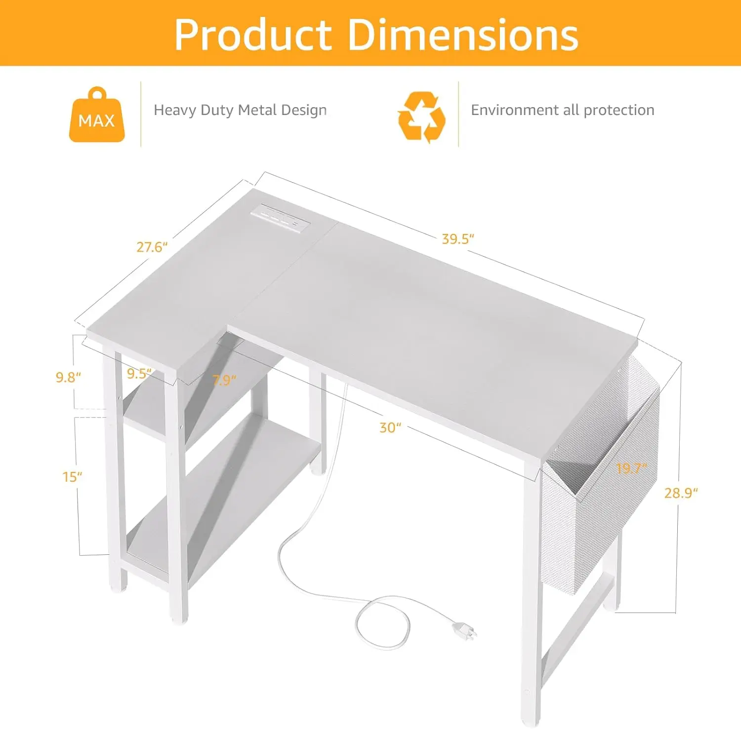 L deu forma à mesa do computador com prateleiras da tomada do poder, 40 "mesa de canto pequena para o Home Office pequeno do espaço