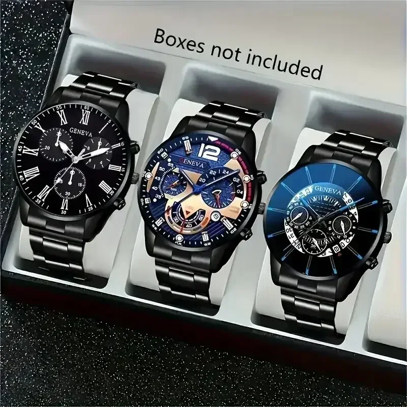 3Pcs Men's Geneva Wristwatch Set Large Dial Black Metal Band Casual Male Quartz Watch