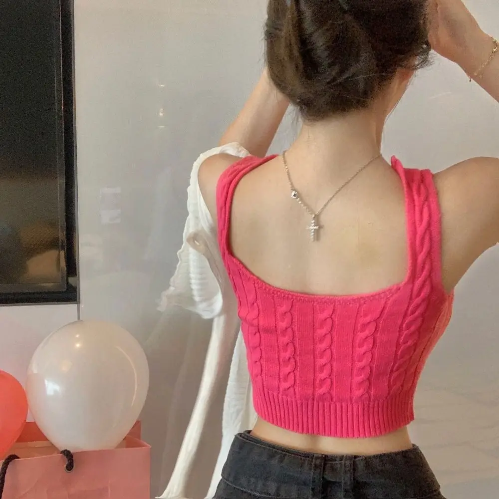 Y2K Accessory Knitted Slim Tank Top Solid Color Sleeveless Round Neck Crop Tops Sexy Camisole T-Shirt Women