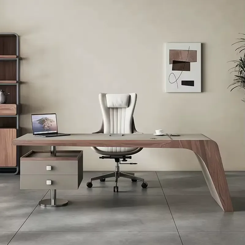 Meeting Table Durable Walnut MDF Saddle Leather Antique Desk High-end Villa Office Commercial Use 2 Drawers Healthy
