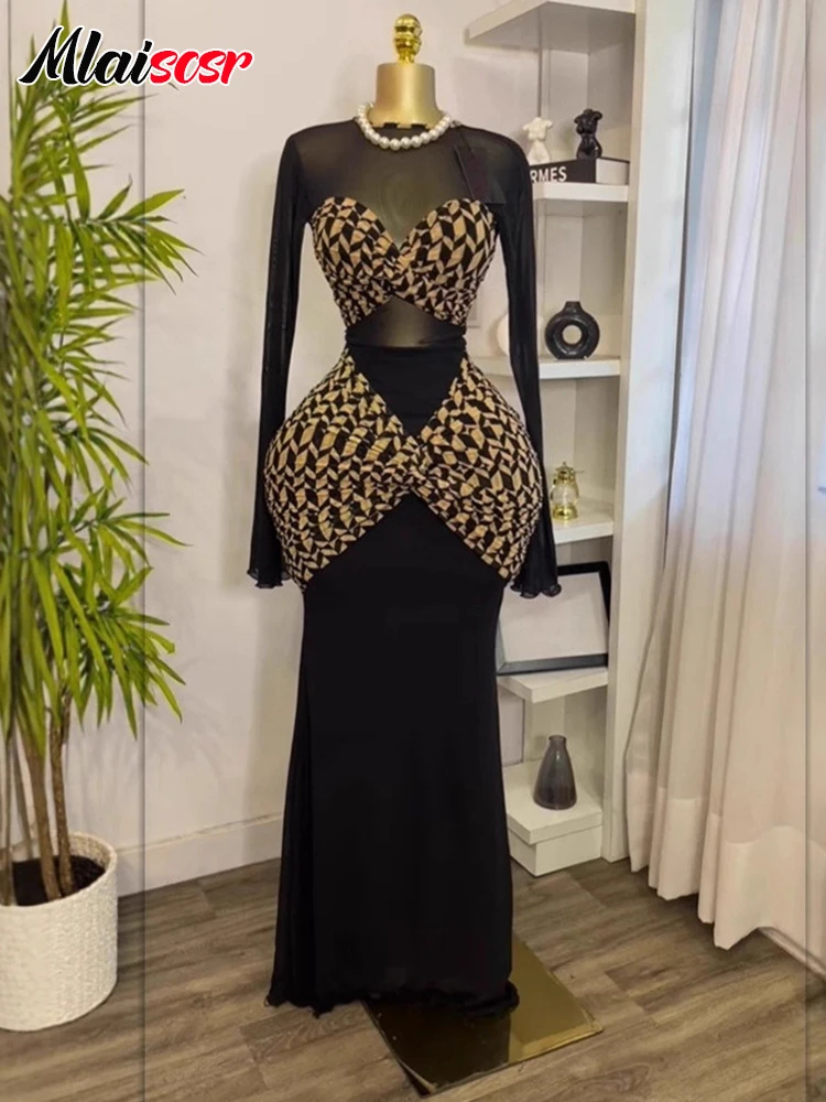 Mlaiscsr Frauen Gedruckt Patchwork Lange Hülse O-ansatz Bodycon Schlank Schwarz Maxi Kleid Luxus Geburtstag Weihnachten Party Abendkleider