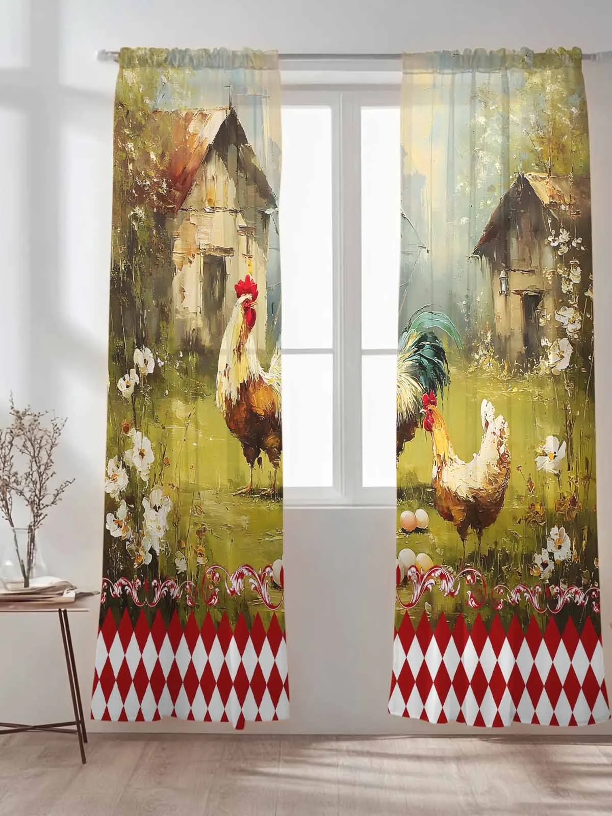 

Vintage Farmhouse Rooster Hen Tulle Sheer Curtains for Living Room Bedroom Kitchen Decoration Voile Organza Curtains