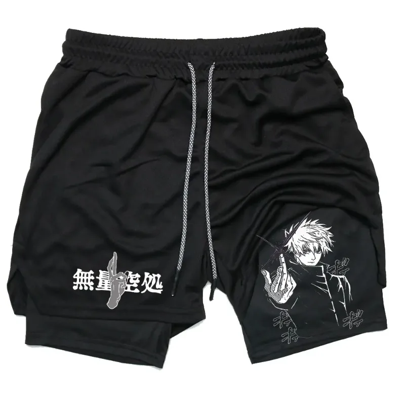 Anime Compression Shorts Summer Sportswear Men GYM 2-In-1 Training Workout Male Fitness Sport Shorts Breathable Stretchy Workout