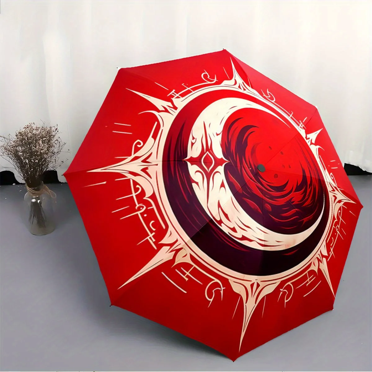 Paraguas Plegable Abierto/Cerrado con Diseño Compacto de 8 Varillas para Viaje - Patrón Vortex Borgoña y Rojo, Símbolos Arcanos de Inspiración China