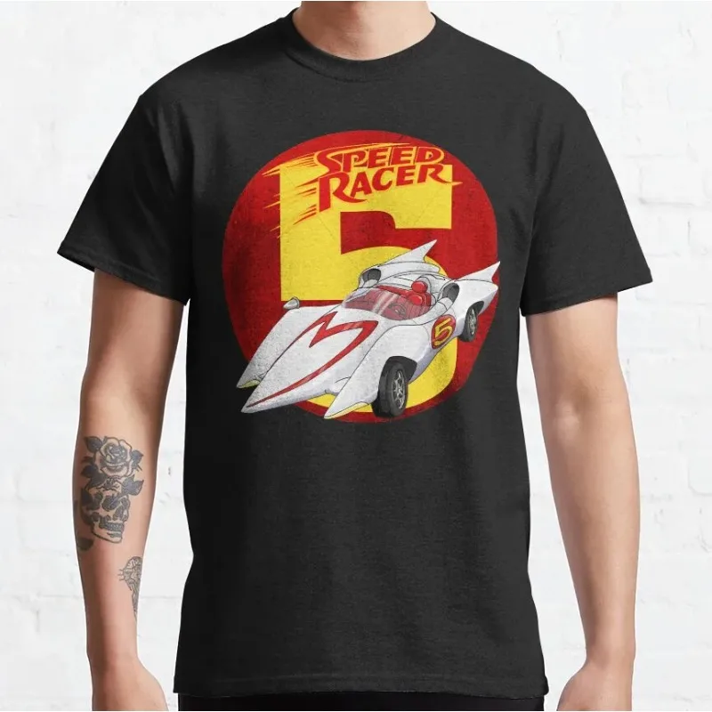 Mach 5 سيارة الأعلى خمر الرجعية المتعثرة سرعة المتسابق أنيمي ماخ الذهاب الذهاب الذهاب الذهاب خمر 1005 القطن المطبوعة تي شيرت حجم كبير Tops1