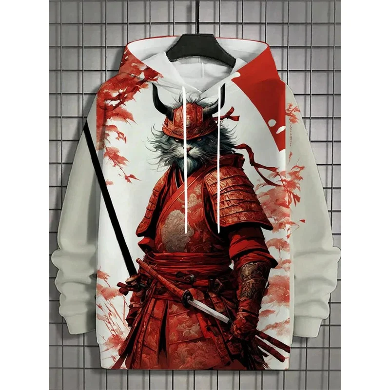 

Men Hoodie Japanese Samurai Cat Pattern Autumn And Winter Fashion Hoodie Casual Men's Long Sleeved Oversized Streetwear Tops