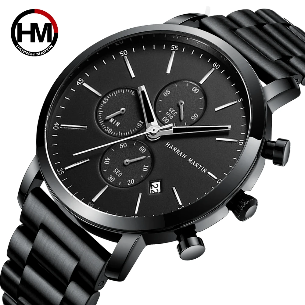 Hannah Martin Multifunctional Sports Men Sports Watch Black Dial Stainless Steel Waterproof Calendar Quartz Men\'s Clock Watches