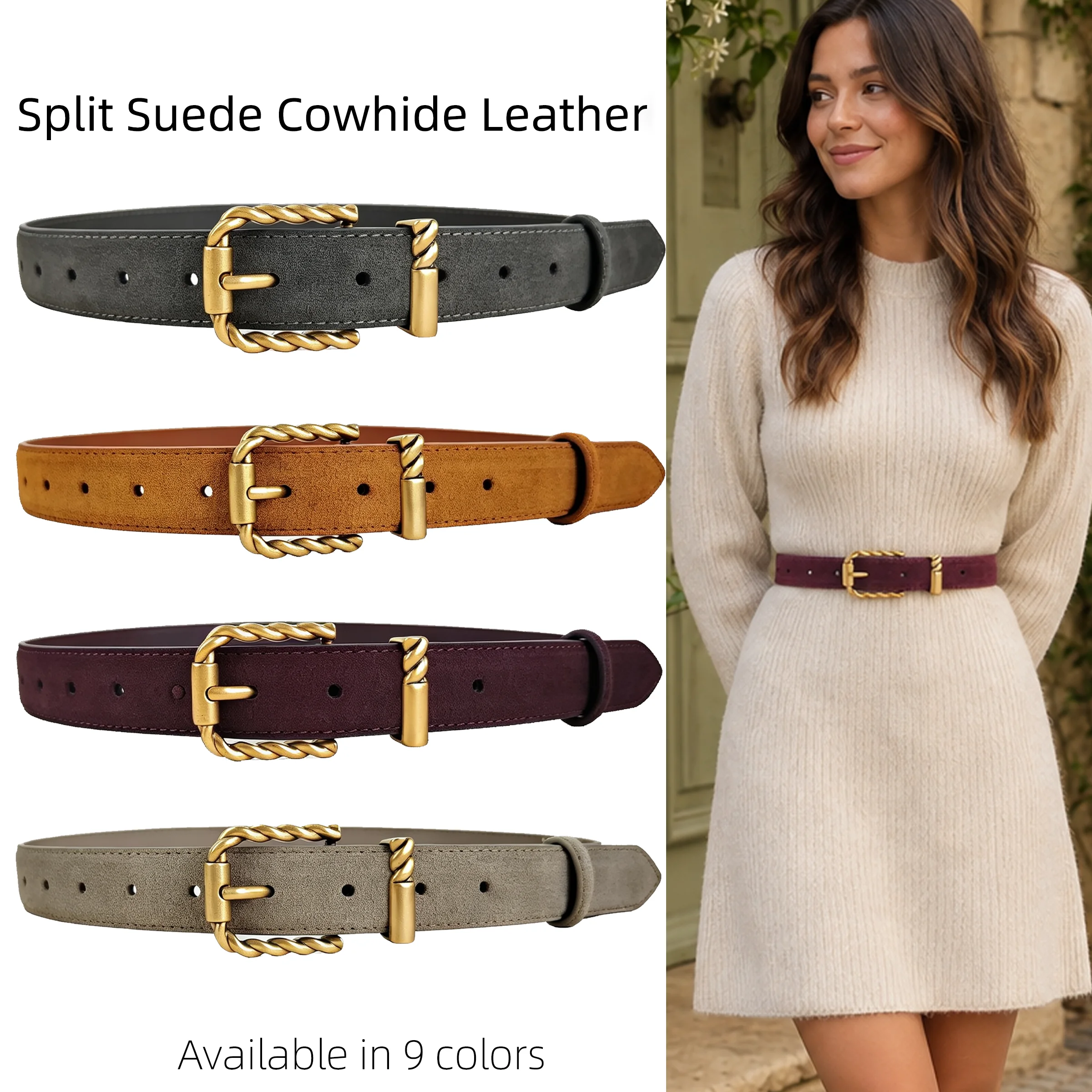 Women's Split Suede Cowhide Belt, Vintage Twisted Braided Gold Pin Buckle, 1.1in Wide Adjustable Solid Waist Belt for Dresses