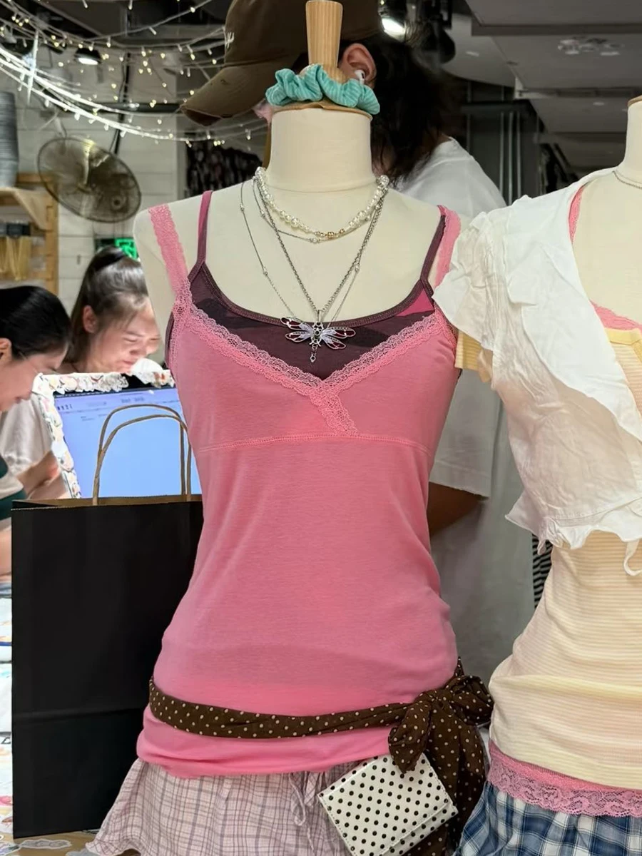 Lace Trim Pink Sweet Slim Tank Tops Sexy Cross V-neck Cotton Camisoles Summer Casual Preppy Style Solid Basic Woman's Vest New