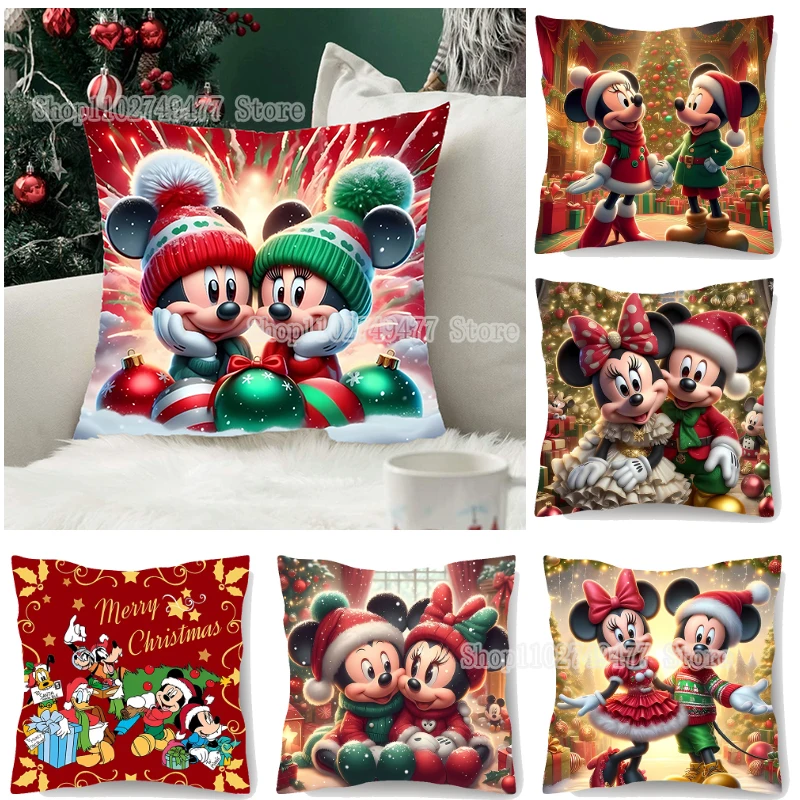 Christmas Mickey Mouse Square Pillowcase Cartoon Cute Minnie Xmas Decoration Living Room Sofa Car Interior Pillow Accessories