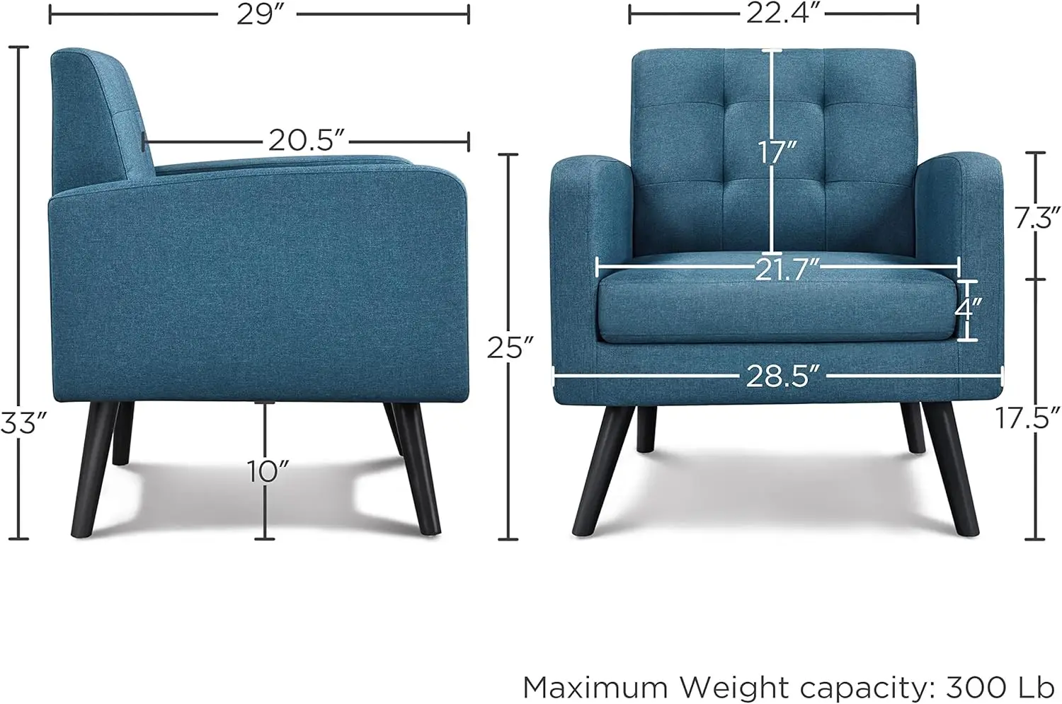 Chaises d'appoint modernes du milieu du siècle, chaise de salon, dossier touffeté à boutons, fauteuil confortable, pieds en bois, chambre et bureau