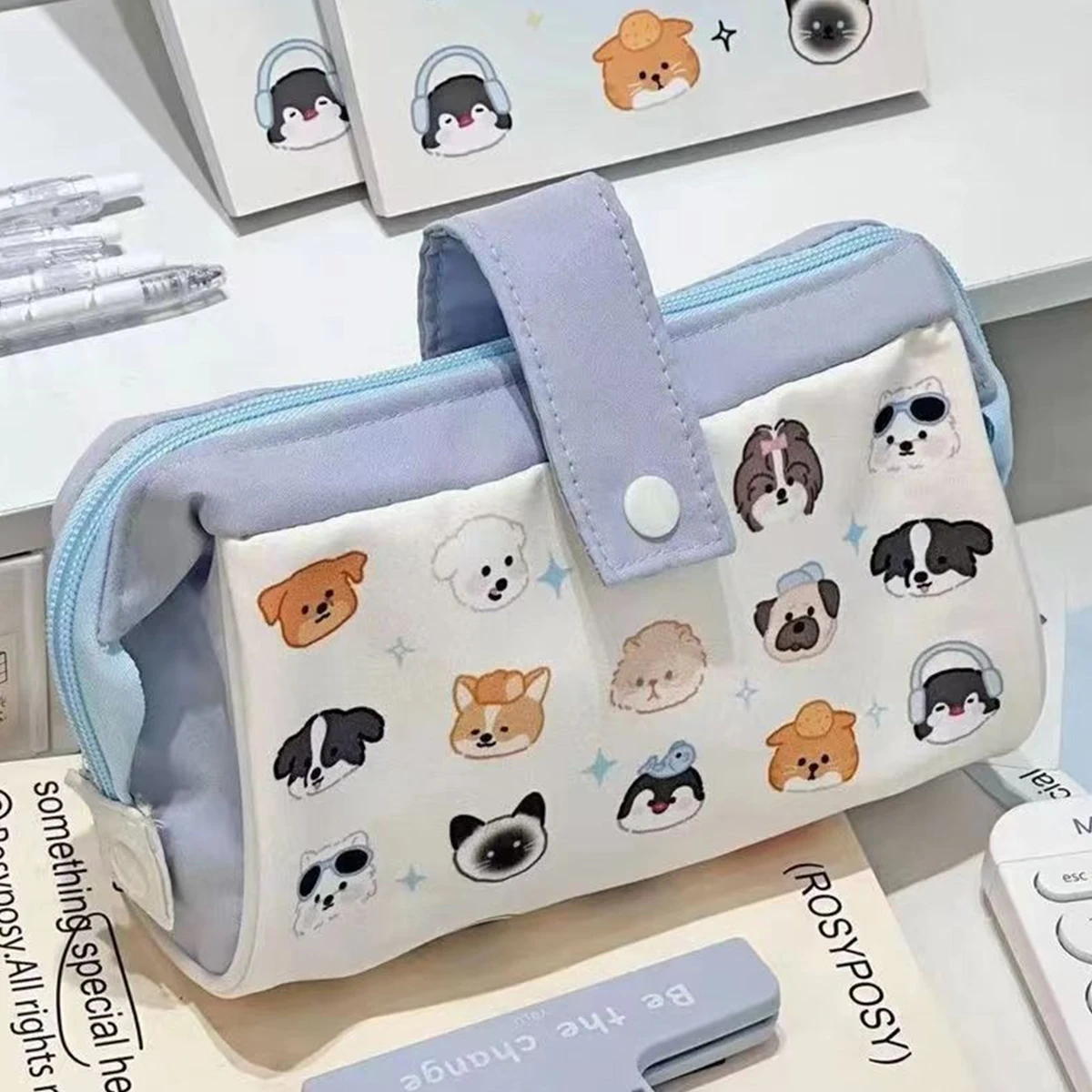 Multilayer Cute Dog Print Modular Pencil Case Ins Style Large Capacity Eco-Friendly Student Stationery Organizer & Makeup Bag