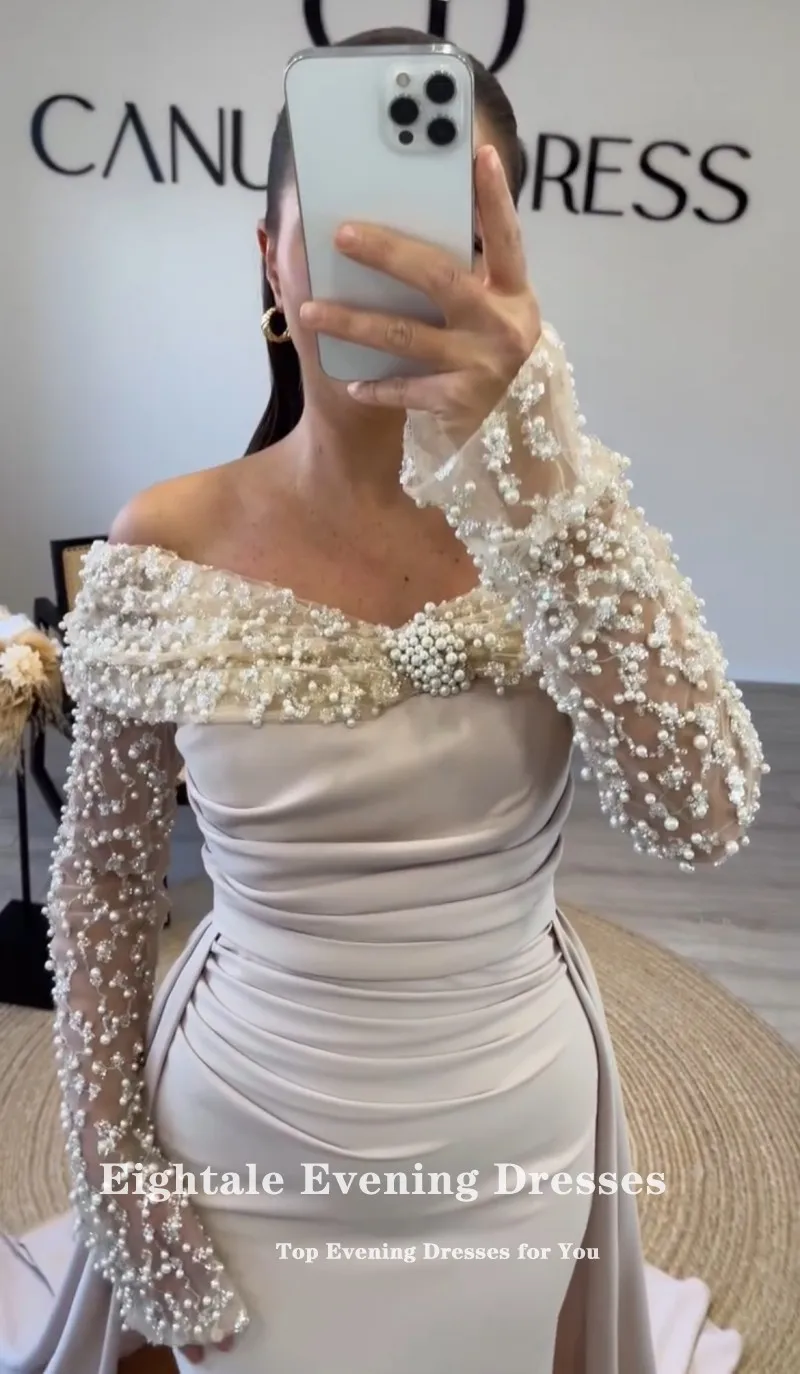 Eightale Arabic Evening Dress off Shoulder Sequin Pearls Long Sleeves Customized Mermaid Wedding Party Dress Vestido De Noche image 4