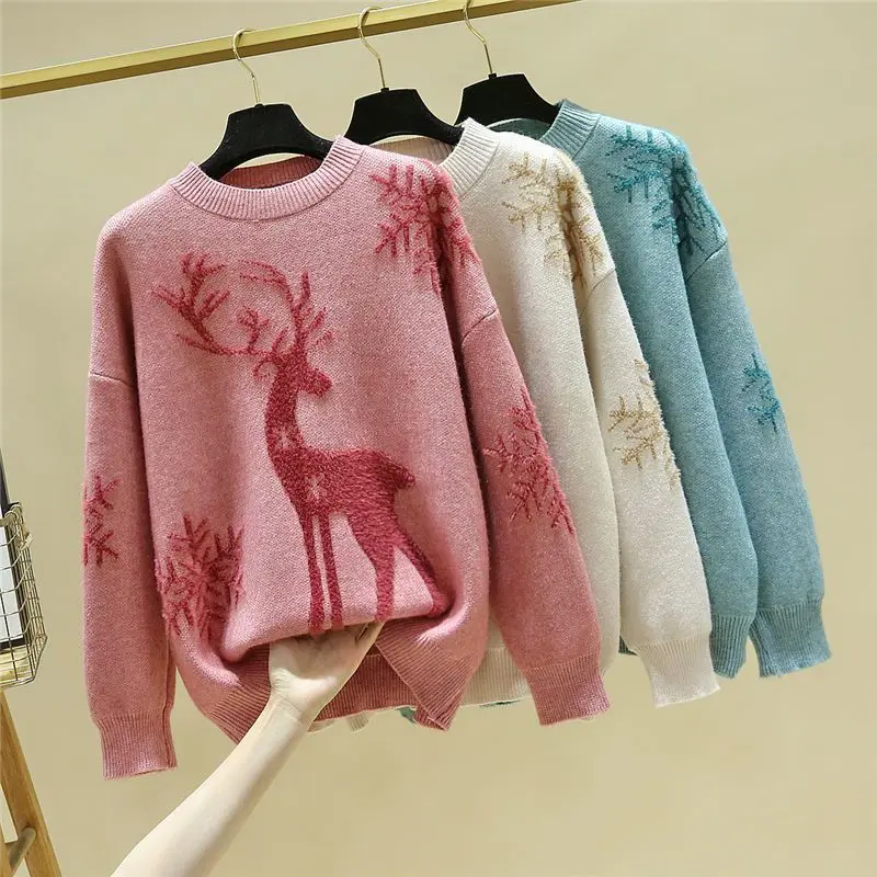 2023 Autumn Winter New Cartoon Christmas Elk Casual Knitted Sweaters Commute Elegant Solid Color Thick Warm Chic O-Neck Jumpers