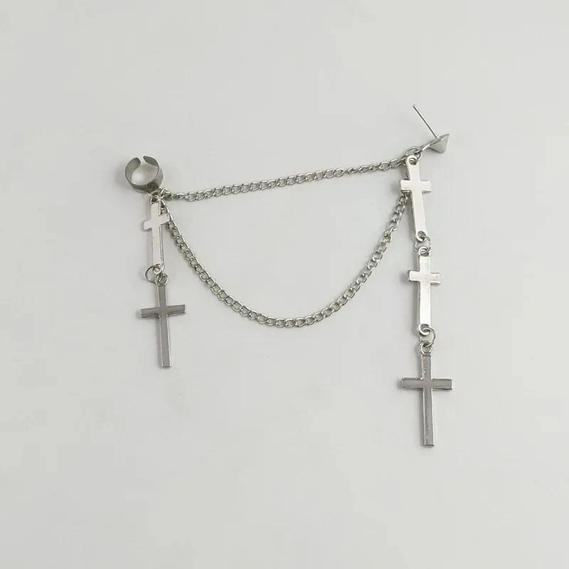 Unisex Punk Cross Tassel Earring Clip Women Exaggerated Modern Metal Christian Chain Drop Dangle Earrings Gothic Hip Hop Jewelry