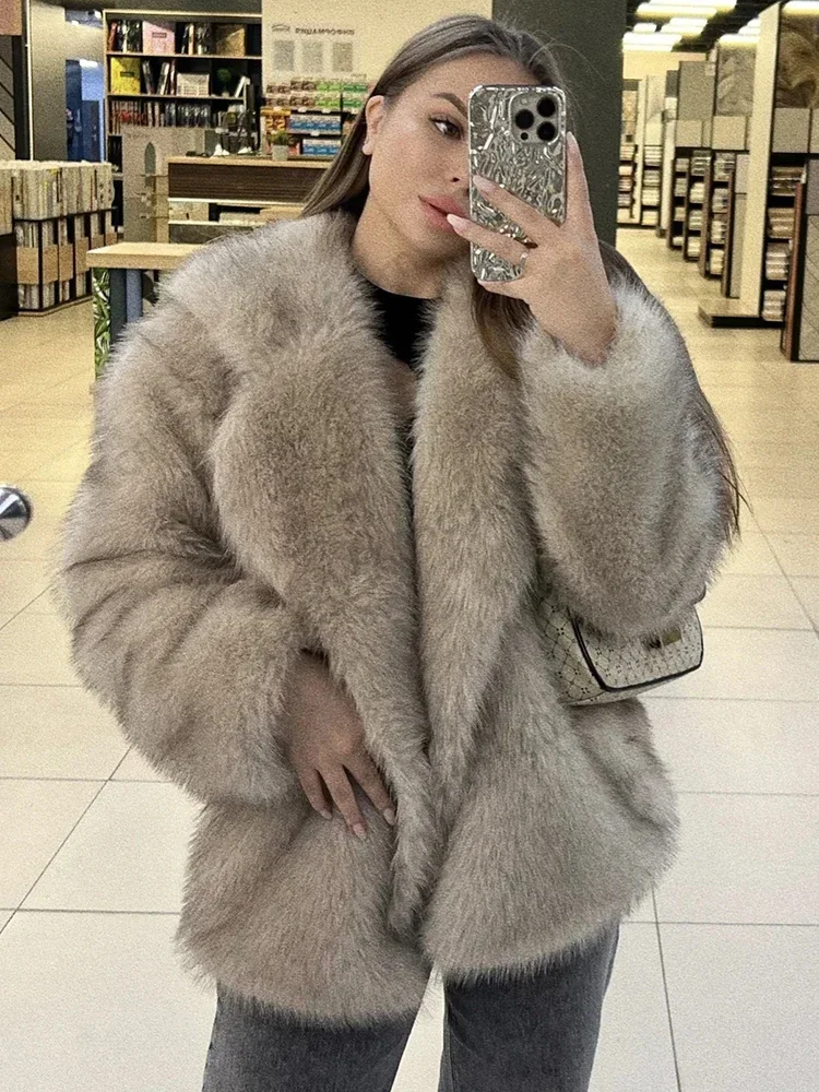 Luxury Brand Furry Gradient Faux Fur Coat Women 2024 Winter Lapel Collar Jacket Loose Oversized Midi Fluffy Outerwear Overcoat