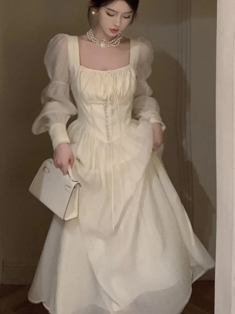 Vintage Princess Party Dress for Women High Waist A-line Lace Up Summer New French Elegant Prom Robe One Piece Vestidos Mujer