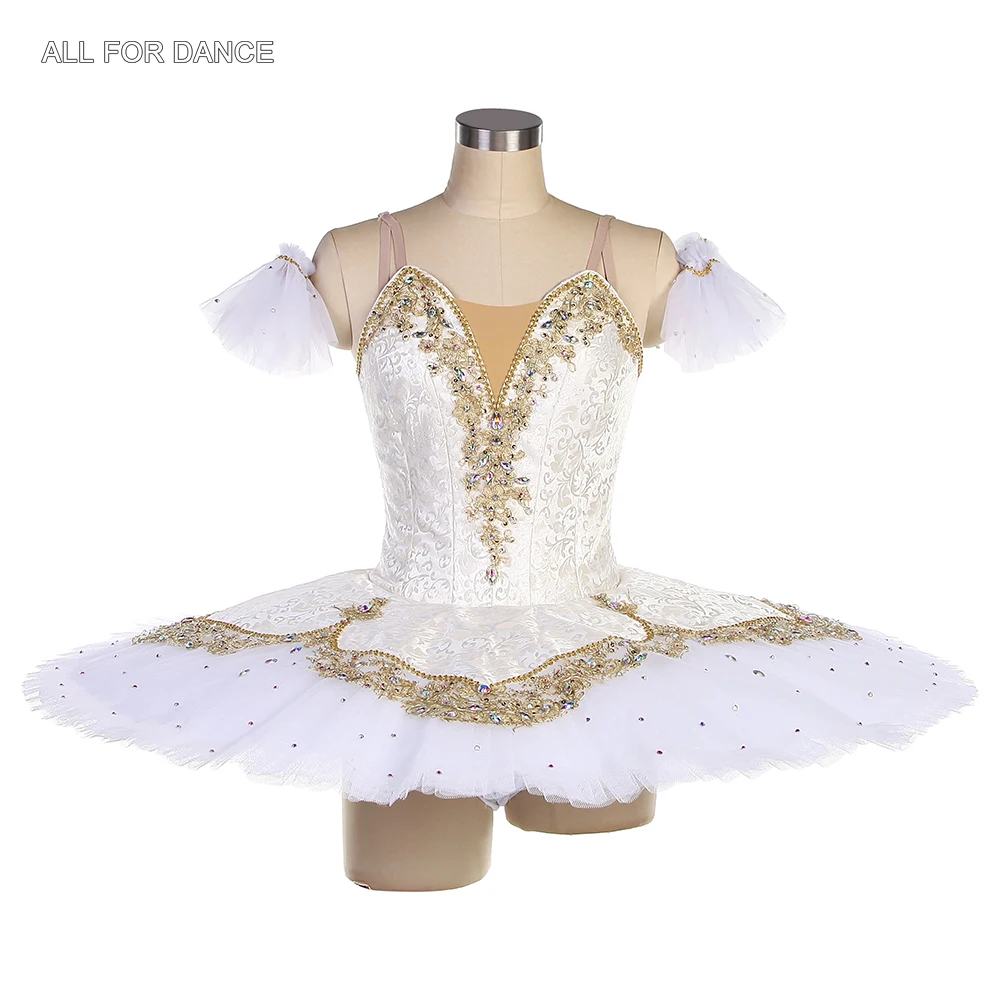 B23012 Girls&Women Professional Ballet Tutu Ivory Bodice with Gold Appliques Trims Pancake Tutu Performance or Competition Tutu