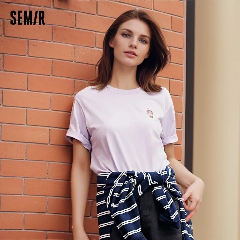 Semir Super Plant Short Sleeve T-Shirt Women Antibacterial 2024 Summer New Loose Embroidery Tops Versatile T shirt