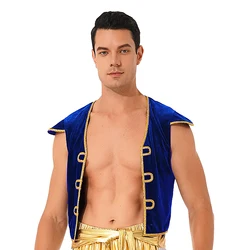 Mens Arabian Prince Costume Cap Sleeve V Neckline Braided Trimming Vest Waistcoat for Halloween Cosplay Dress Up Performance